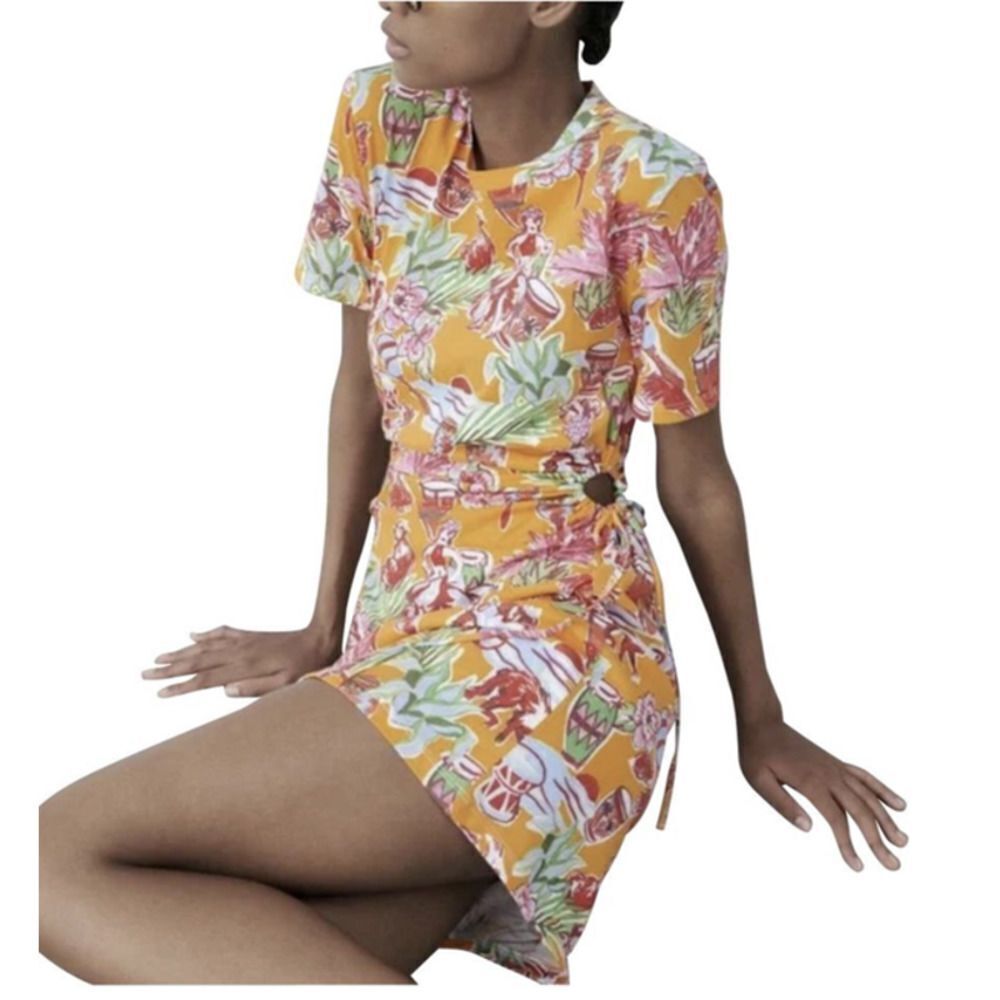 Zara Monkey Tropical Floral‎ Print Cotton Cutout Side Mini Dress Orange Small